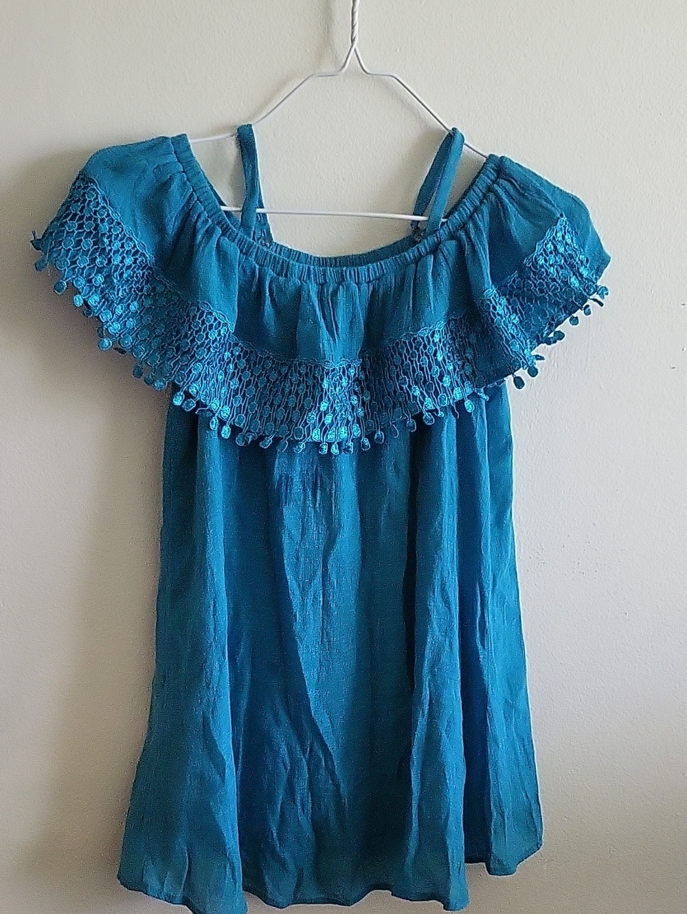 Women’s Teal Off-Shoulder Crochet Trim Top